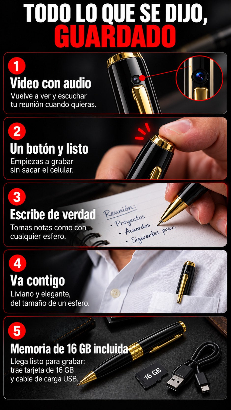 Bolígrafo Grabador con Cámara HD
