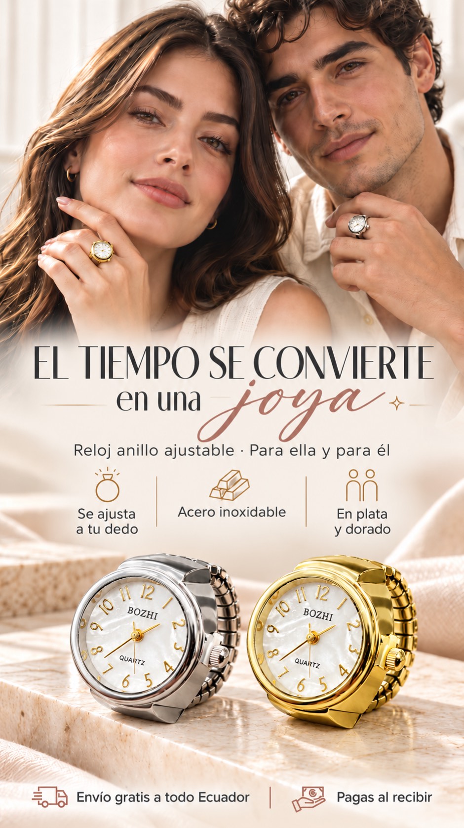 Reloj Anillo Ajustable Unisex de Acero Inoxidable