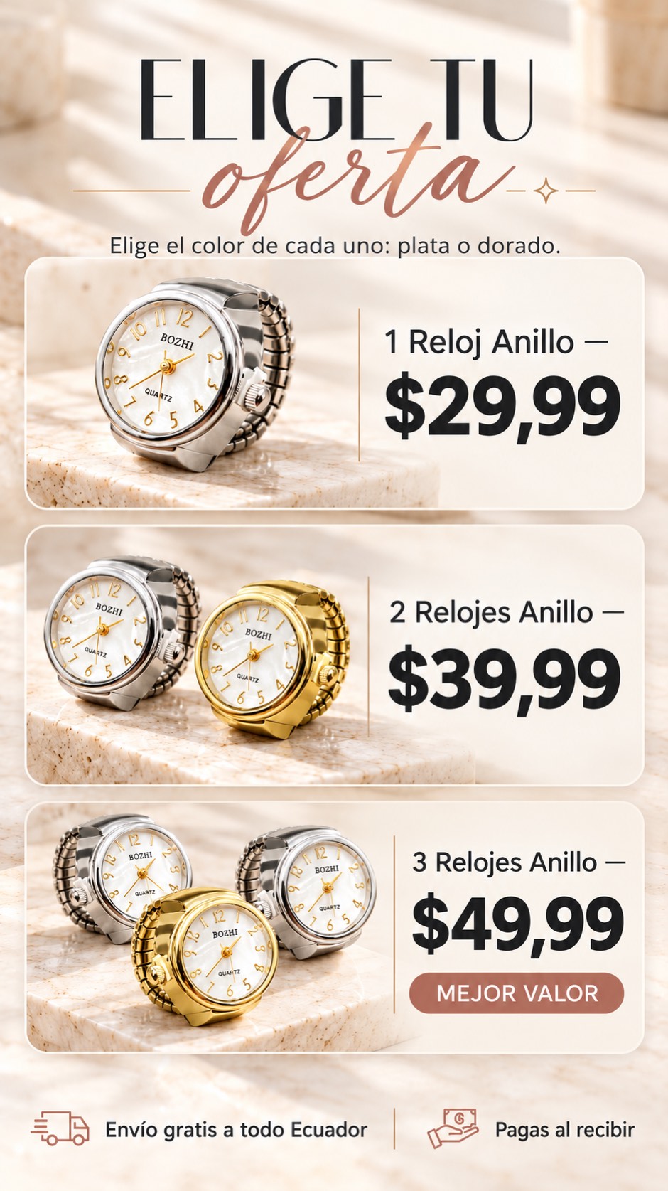 Reloj Anillo Ajustable Unisex de Acero Inoxidable