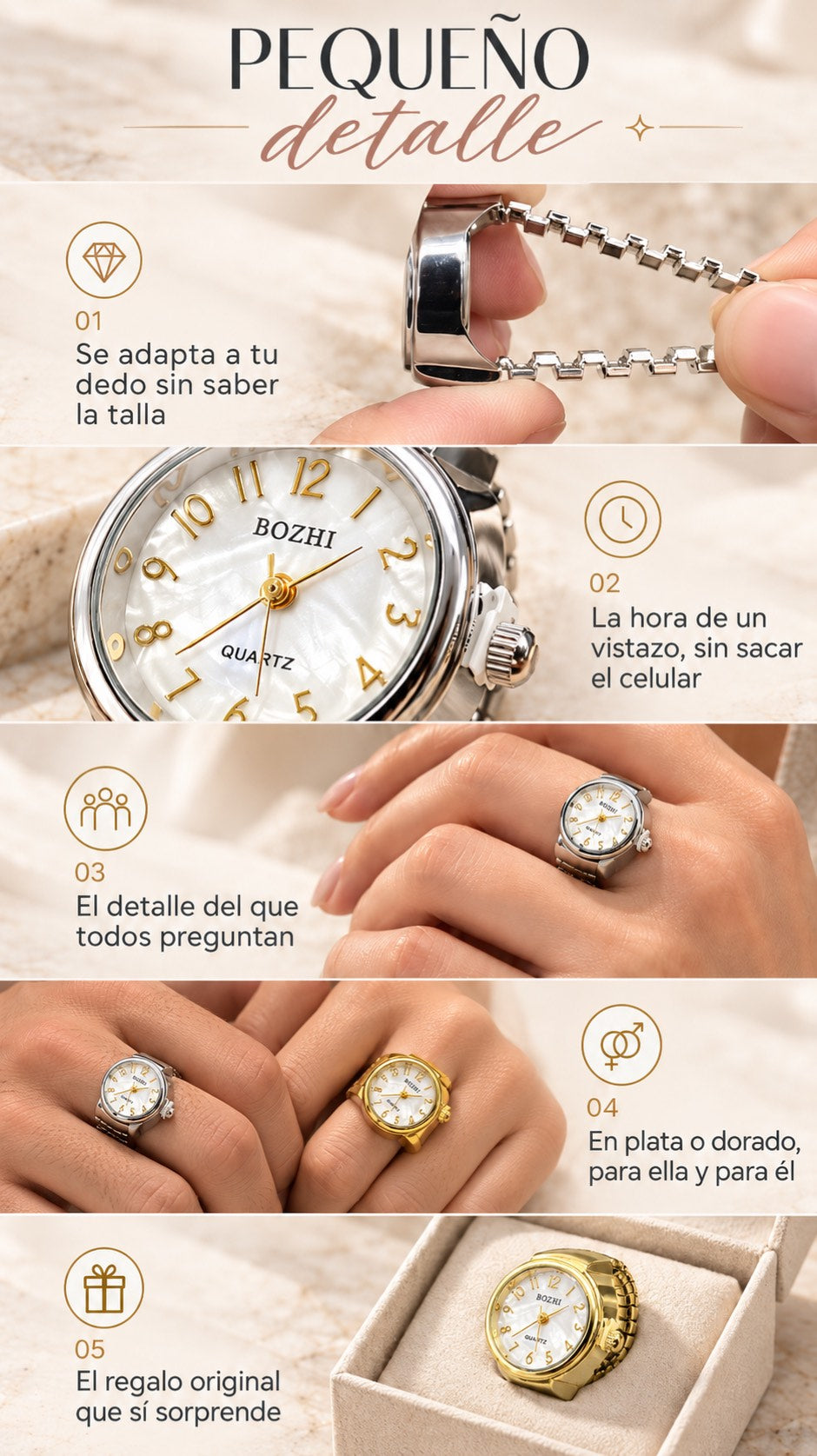 Reloj Anillo Ajustable Unisex de Acero Inoxidable