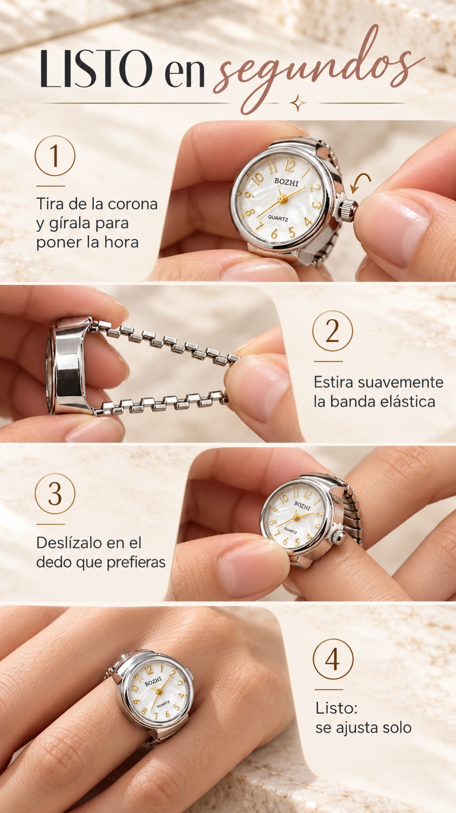 Reloj Anillo Ajustable Unisex de Acero Inoxidable
